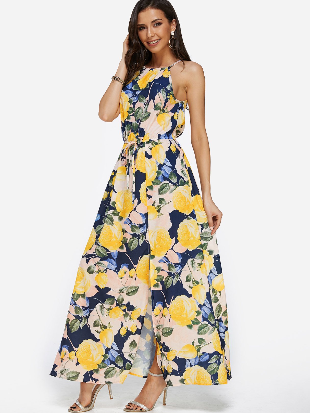 Yellow Halter Sleeveless Floral Print Slit Self-Tie Maxi Dress