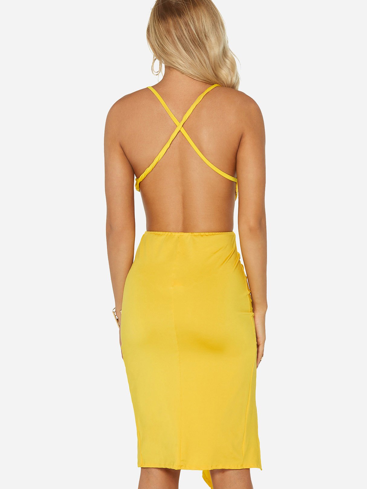 Yellow V-Neck Sleeveless Backless Irregular Hem Sexy Dress