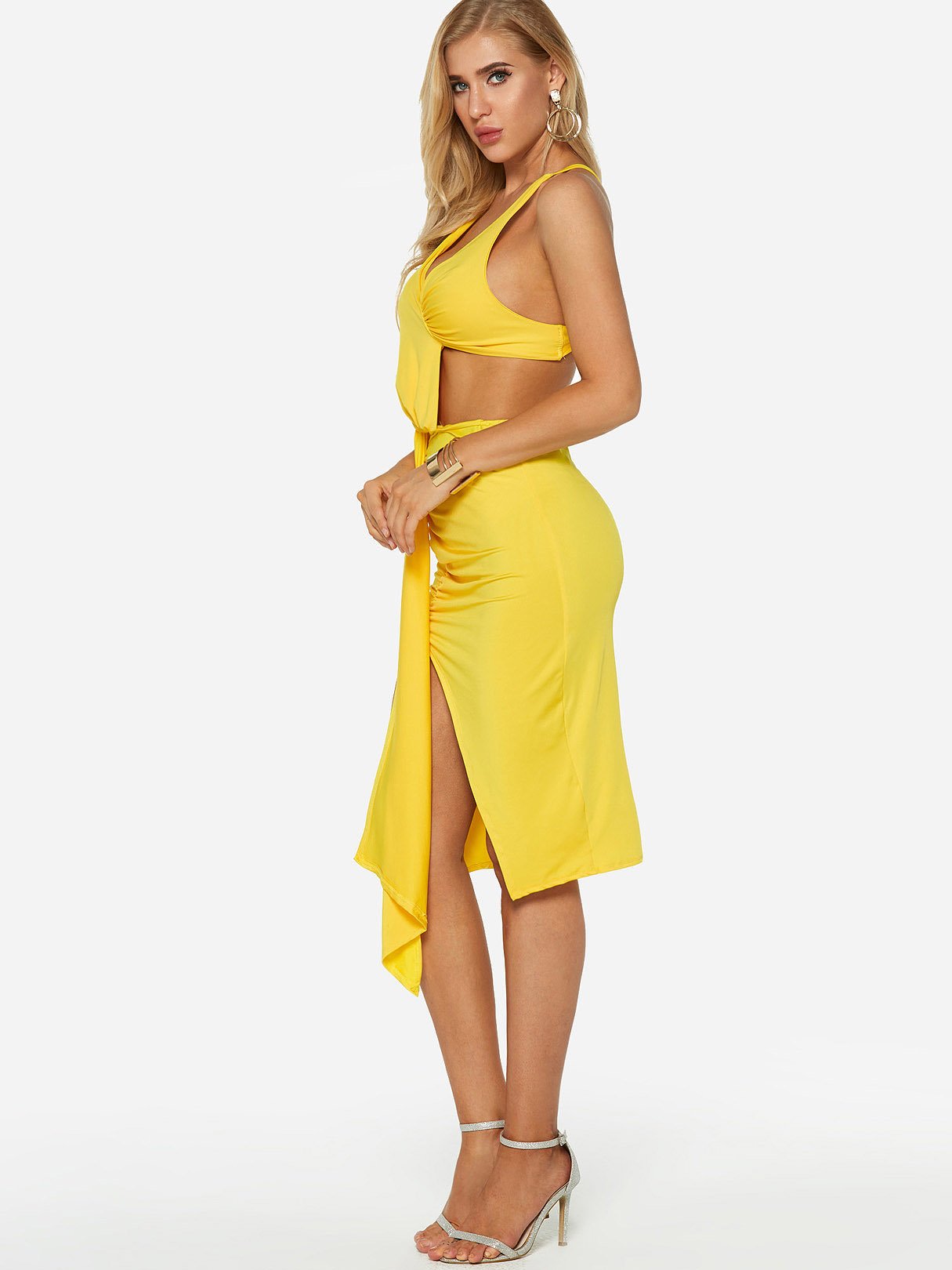 Yellow V-Neck Sleeveless Backless Irregular Hem Sexy Dress