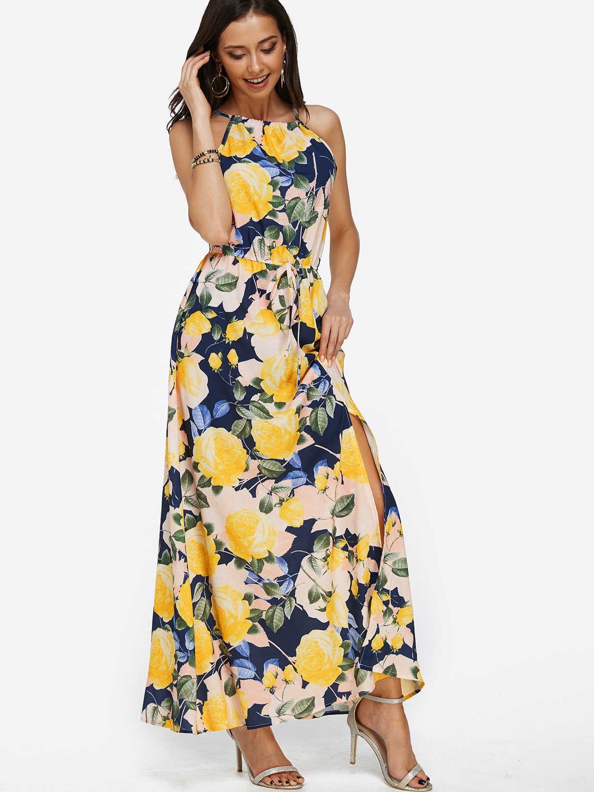 Yellow Halter Sleeveless Floral Print Slit Self-Tie Maxi Dress