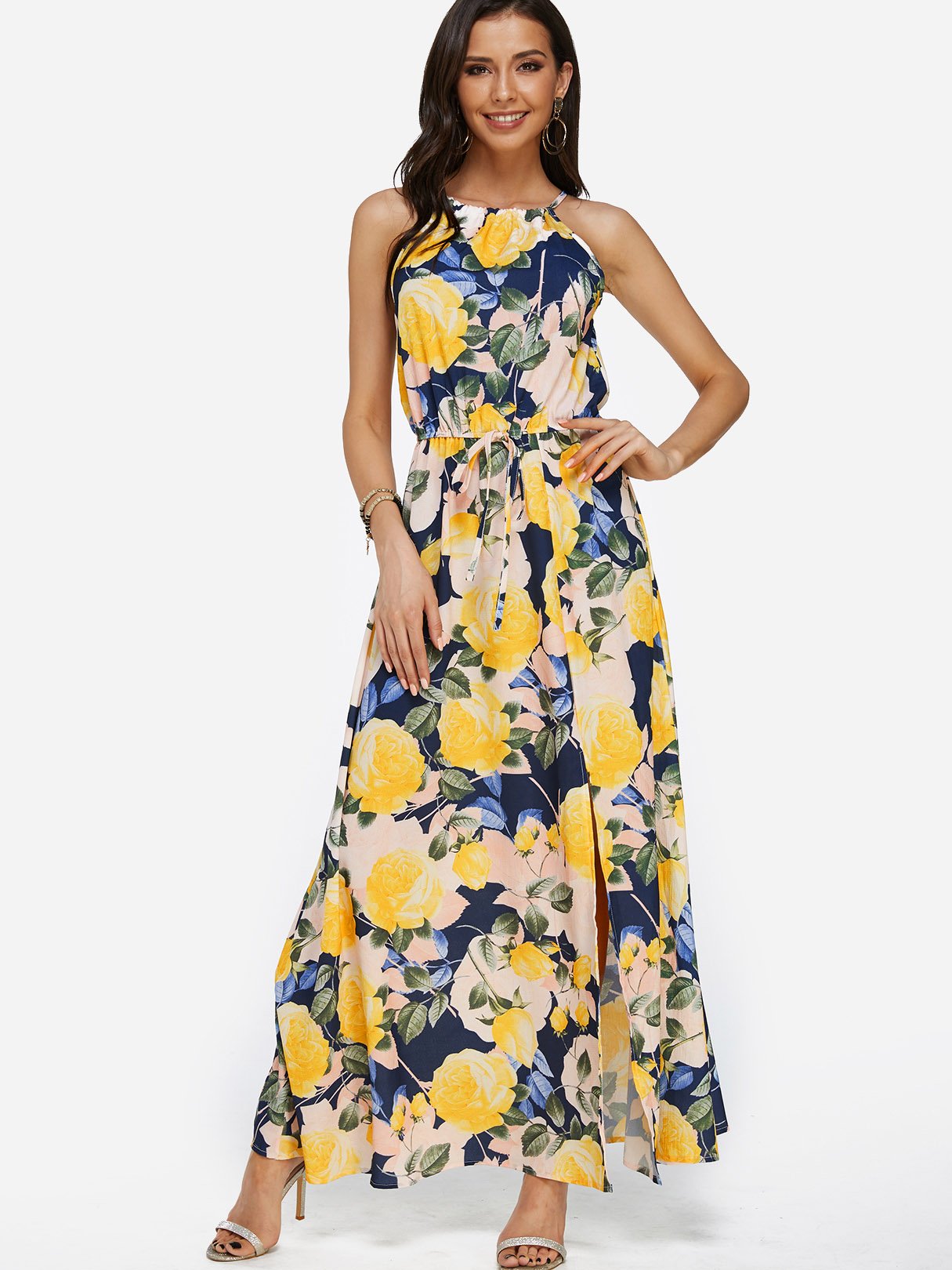 Yellow Halter Sleeveless Floral Print Slit Self-Tie Maxi Dress