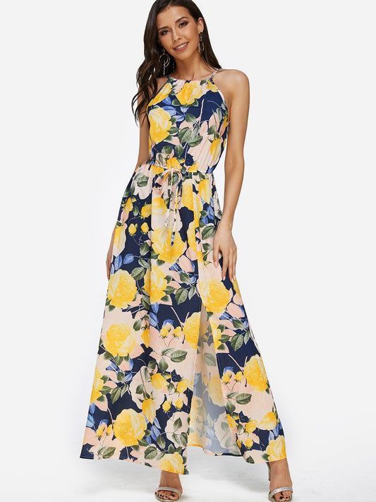 Yellow Halter Sleeveless Floral Print Slit Self-Tie Maxi Dress