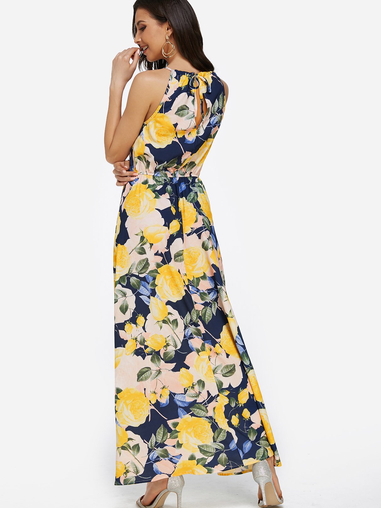 Yellow Halter Sleeveless Floral Print Slit Self-Tie Maxi Dress